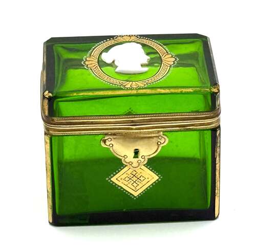 A Fine Antique French Emerald Green Glass Casket Decorated with a White Classical Cameo