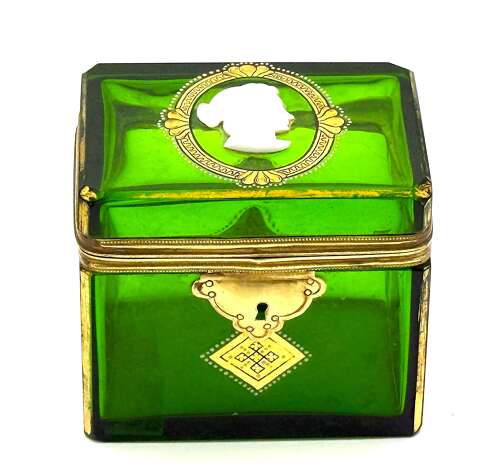 A Fine Antique French Emerald Green Glass Casket Decorated with a White Classical Cameo