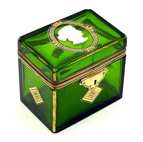 A Fine Antique French Emerald Green Glass Casket Decorated with a White Classical Cameo