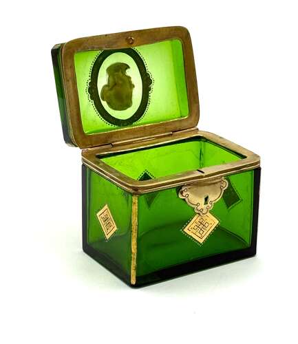 A Fine Antique French Emerald Green Glass Casket Decorated with a White Classical Cameo