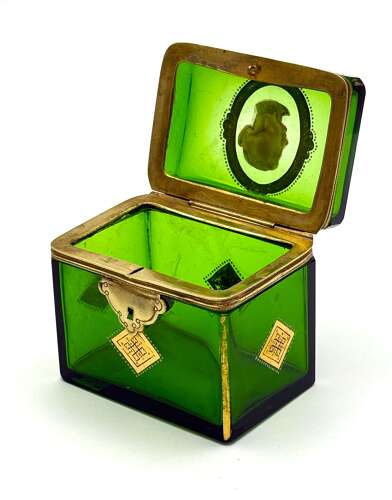 A Fine Antique French Emerald Green Glass Casket Decorated with a White Classical Cameo