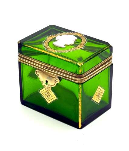 A Fine Antique French Emerald Green Glass Casket Decorated with a White Classical Cameo